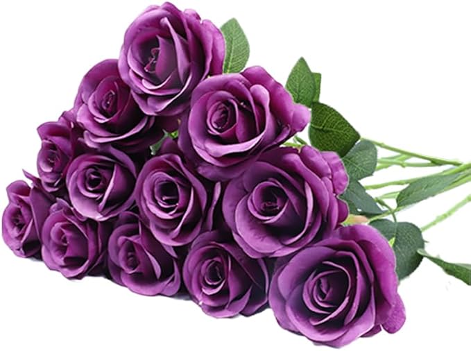 Artificial Rose Flower Artificial Flowers Flower with Long Stem Silk Roses Bouquet for Wedding Bridal Shower Party Home Decoration (Plum, 12 Pcs)