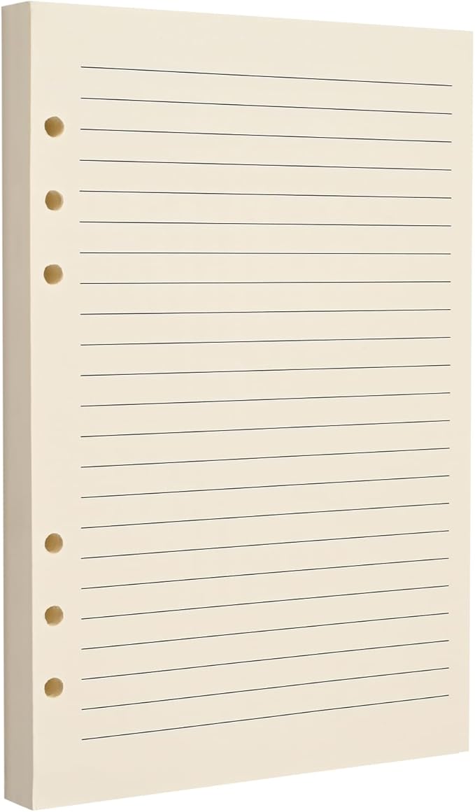 A5 6-Hole Lined Loose-Leaf Paper, Beige – Refill Pages for Standard A5 6-Ring Binder, Journals, Planners – Writes both sides–No bleed-through – 80 Sheets