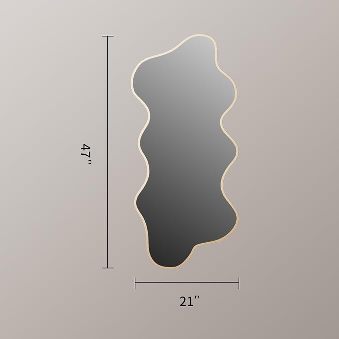 Irregular Wall Mirror Wavy Asymmetrical Shaped Aluminum Alloy Framed Big Unique Full Length Mirror for Living Room Bathroom Bedroom Entryway Fireplace (Gold, 47"x21")