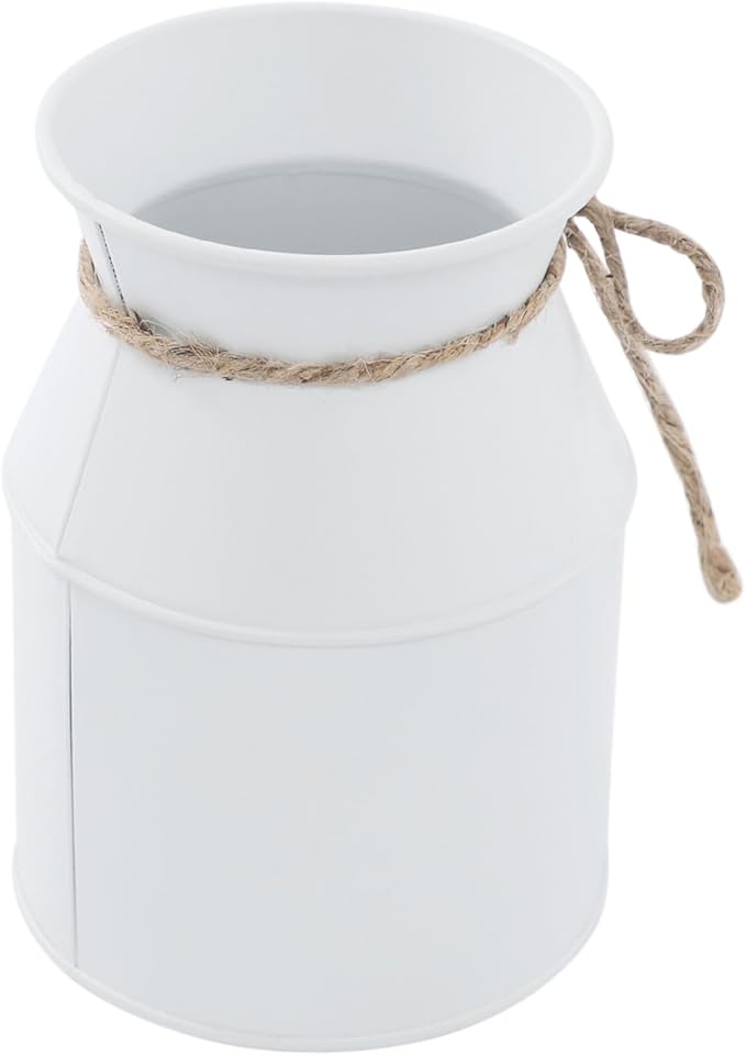 Flower Vase Decor, Farmhouse Metal Galvanized Milk Can Jug Vase with Bow, Flower Buckets for Artificial Flowers for Table Centerpiece Weddings(White)