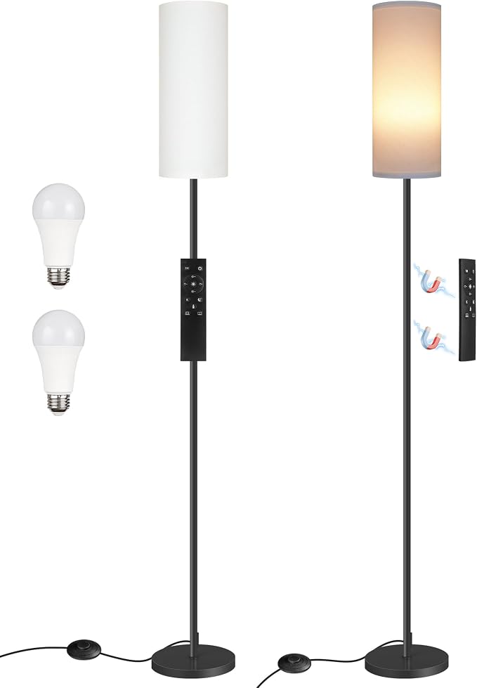 Set of 2 Dimmable Floor Lamps for Living Room with 2 Remotes and Foot Switch, 64.4”Modern Standing Tall Lamp, Corner Lamp for Bedroom, Bulb Included, 3000K-6500K, White Shade CW06LDP205W1