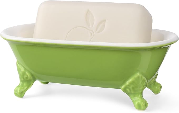 6.5" Ceramic Mini Decorative Clawfoot Bathtub Bar Soap Dish, Kitchen Sponge Holder and Shower Tray for Bathroom, 1 Pack(Lime)