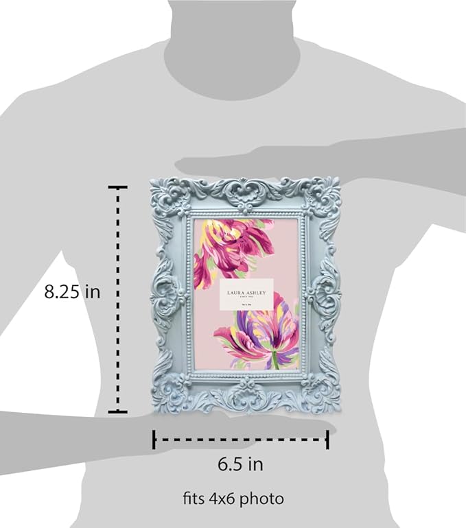 Laura Ashley 4x6 Powder Blue Ornate Textured Hand-Crafted Resin Picture Frame w/Easel & Hook for Tabletop & Wall Display, Decorative Floral Design Home Décor, Photo Gallery, Art (4x6, Powder Blue)