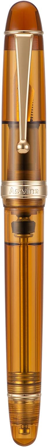 Asvine V126 Vacuum Filling Fountain Pen, Transparent Brown Acrylic Stub Nib 1.1mm Calligraphy Art Drawing with Case Set