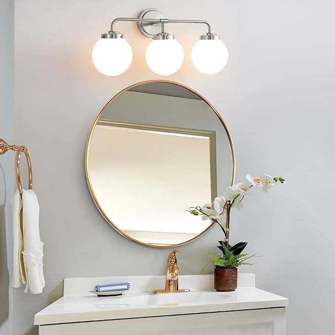 Bathroom Light Fixtures Over Mirror, 22.4'' Brushed Nickel Modern Vanity Lights with Milk White Glass Globe Shades 3-Light Farmhouse Wall Sconce Lighting