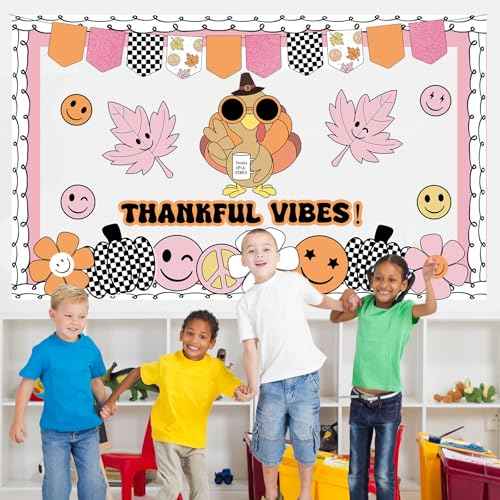 Groovy Thanksgiving Turkey Bulletin Board Thankful Vibes Boarders Decor Hippie Turkey Daisy Give Thanks Cutouts Decorations Autumn Groovy Bulletin Board for Kids Office School Wall Party Supply
