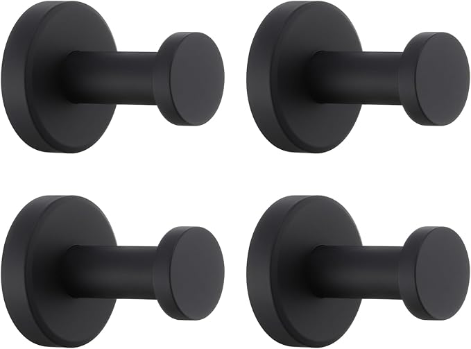 APLusee Matte Black Bath Robe Towel Hook 4 Pack, Stainless Steel Bathroom Coat Hook, Wall Mount