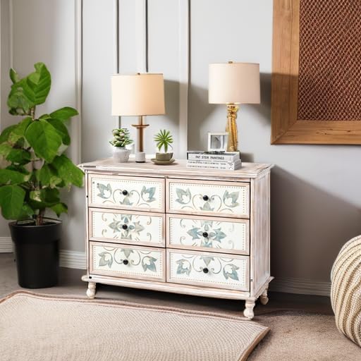 VINGLI White Dresser for Bedroom, 6 Drawer Dresser with Carved Flower Pattern, Wood Dressers Chest of Drawers with Solid Wood Legs