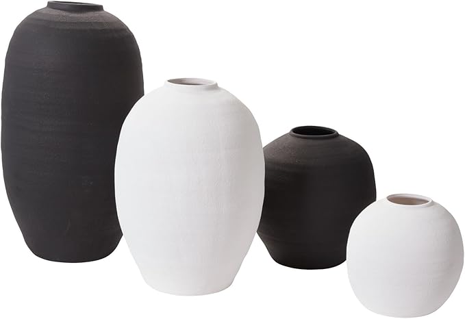 Crystal Modern Vase, Textured Round Belly Concrete Vase in Black or White, Available in Medium and Large Sizes, Decorative Accent for Floral Arrangements and Home Décor (Black, Medium)