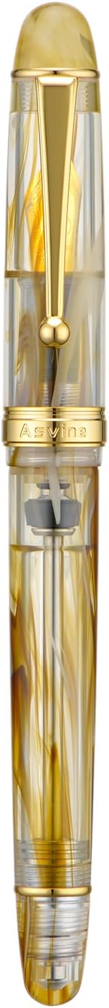 Asvine V126 Vacuum Filling Fountain Pen, Brown Swirl Acrylic Stub Nib 1.1mm Calligraphy Art Drawing with Case Set