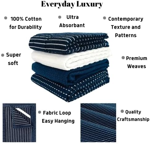 Serafina Home Navy Blue Kitchen Towels: 100% Cotton Soft Absorbent Assortment Ribbed Terry Loop, Set of 4 Multipurpose for Everyday Use (Navy Blue)