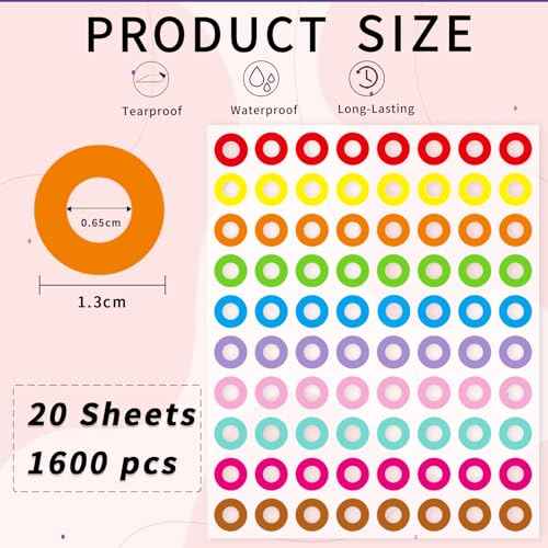 Hole Reinforcement Stickers Labels,10colors,Pack of 1440