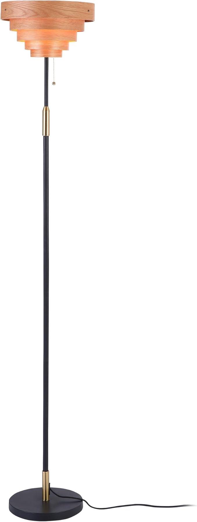 O'Bright Cascade Floor Lamp – Modern Wooden Layered Lampshade, E26 Socket, Pull Chain Switch, Metal Base, Standing Lamp for Living Room, Bedroom, Office, Black