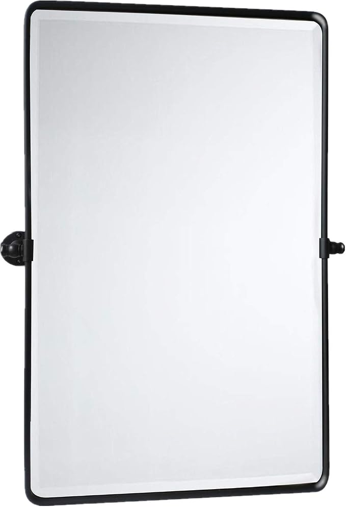 TEHOME Matt Black Pivot Rectangle Bathroom Vanity Mirrror Farmhouse Tiltable Rounded Metal Framed Pivoting Bathroom Mirror with Beveled Mirrror, Overall 27 x 35 inches (Mirrror 23 x 35 inches)