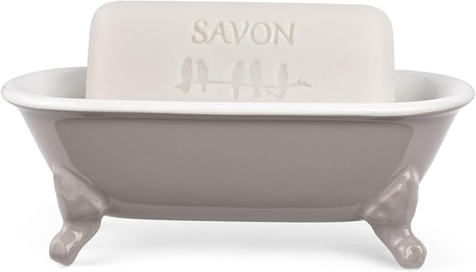 6.5" Ceramic Mini Decorative Clawfoot Bathtub Bar Soap Dish, Kitchen Sponge Holder and Shower Tray for Bathroom, 1 Pack(Taupe)