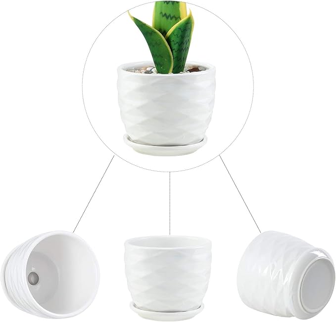 sietpoek Plant Pots - 4.7 Inch Cylinder Ceramic Planters with Connected Saucer, Pots for Succuelnt and Little Snake Plants, Set of 4, White