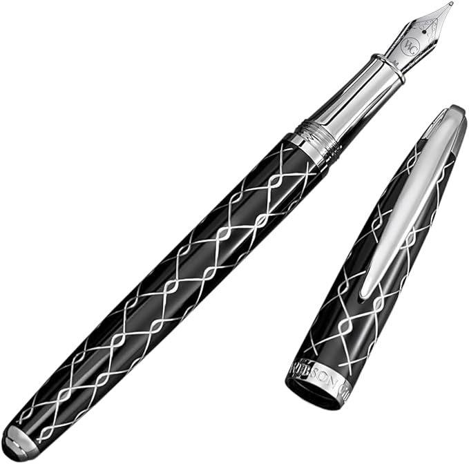 Webson Gill ‘The Weaver’ Black Luxury Executive Fountain Pen, Polished Lacquer & Chrome, Medium Nib, Smudge Free No Bleed, Use Any Fountain Ink w/Included Converter, Fits Cartridges (sold separately)