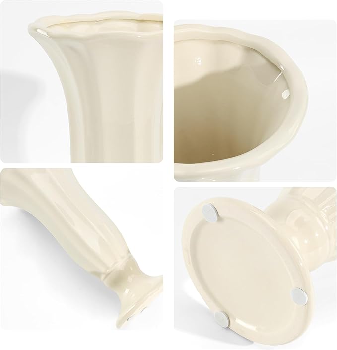 10 Inch Minimalist Fluted Ceramic Vase for Flowers, Farmhouse Cream White Flower Vase with Pedestal Base, Tall Decorative Vases for Home Decor, Living Room, Dining Table, Centerpiece, Wedding