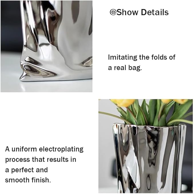 Ceramic Flower Vase, Crinkle Paper Shape, Silver Metal, Decorative Home Accent (Small)