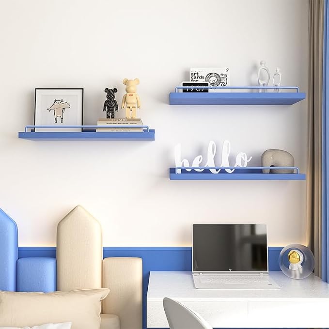 RYOFOBETTO Blue Floating Shelves, Room Decor Shelves,Pink Kawaii Room Decor Wall Shelves for Living Room, Bedroom, Picture Frames, Plants, Kitchen, Set of 3 (Blue)