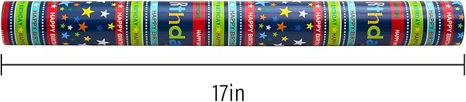 Burymento Reversible Birthday Wrapping Paper for Boys Girls Kids Adults Baby Shower Holiday - Colorful Happy Birthday Lettering and Stars Design - Blue Gift Wrapping Paper Roll, 17 Inch X 32.8 Feet