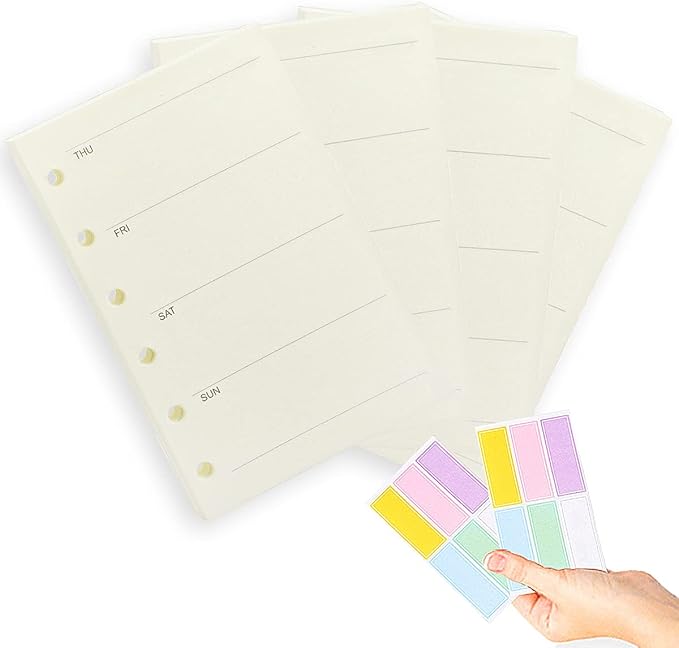 A7 Planner Refills, 4 Packs per Set, Weekly Plan Paper, A7 6 Ring Binder Inserts Refill with Label Stickers Gift,Mini Binder Refills,6 hole/100gsm Thick Paper/4.84 x 3.23'', Harphia