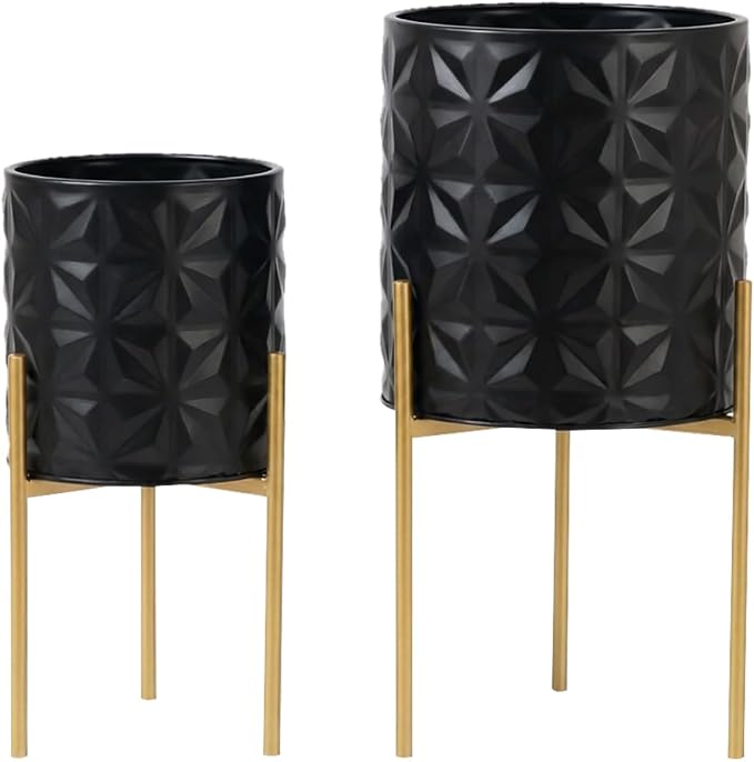 Modern Planter Pots, Set of 2 Black Planters with Stand, Decorative Planters, Metal Pots with Drainage Holes for Living Room, Office, Garden