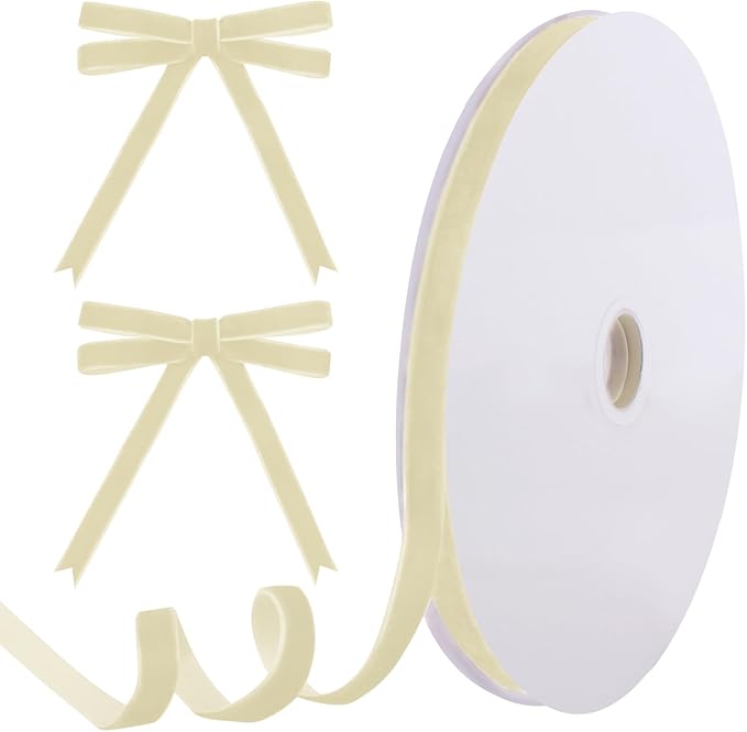 25 Yards Cream Velvet Ribbon 3/8 Inch for Christmas Tree,Ivory Velvet Christmas Ribbon for Gift Wrapping Crafts Bow Wreath Holiday Decorations (Cream)
