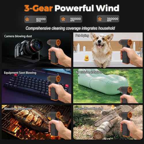 Mini Blower-350000RPM 3-Gear Adjustable Electric Duster with LED Display and Light, Rechargeable Electric Air Broom Dust Blower for Keyboard, Car, Replace Compressed Air Can