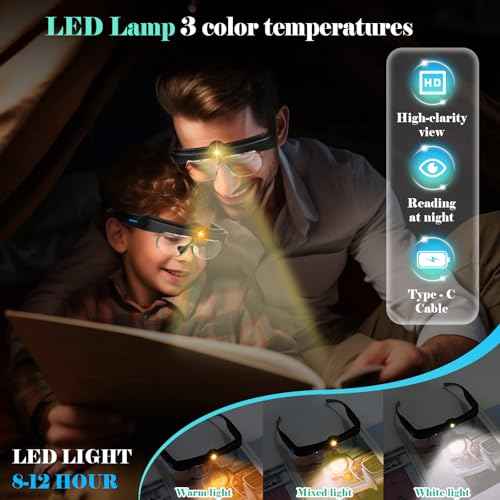 Magnifying Glass with Lights, Headband Hands Free Magnifying Glasses for Close Work, Flip-up Magnifier with 3 Color Temperature, 1.5X to 5.0X Lenses for Jewelry Crafts Soldering Repair (Black)