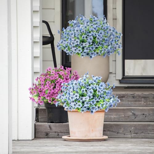 Artificial Flowers Outdoor Faux Plants UV Resistant Fake Patio Flowers Plastic Greenery Plnats Outside Bulk for Spring Garden Hanging Planter Home Vase Decor, 12 Bundles (Blue)