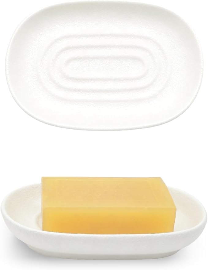 Ceramic Soap Dishes for Bar Soap- Matte White Textured Finish Bar Soap Holder for Bathroom Kitchen Sink & Shower - Easy to Clean Simple Oval Soap Dish Soap Tray for Soap Bars, Sponges, Jewelry