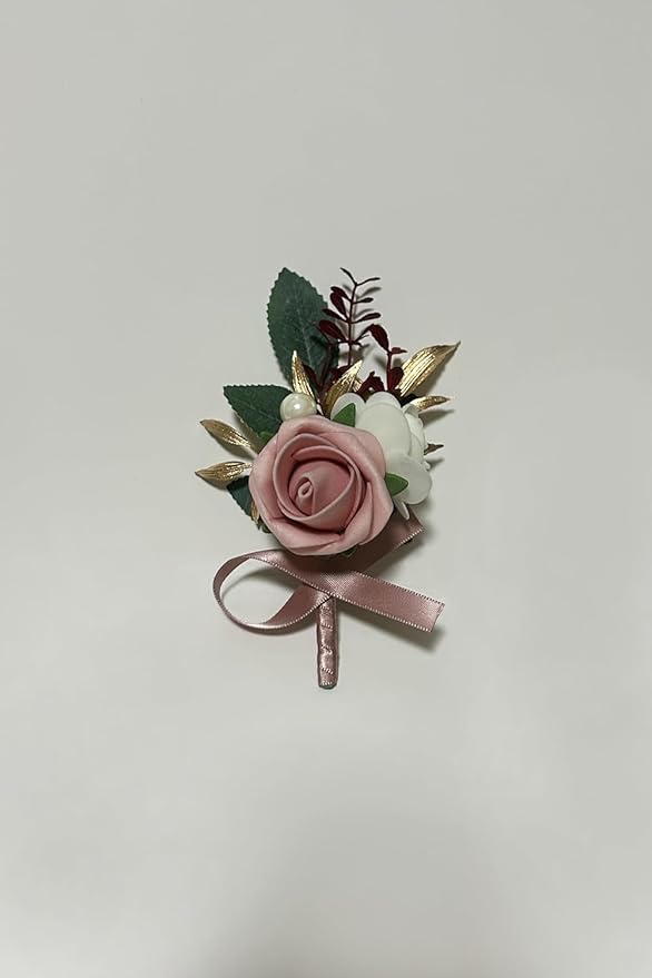 6PCS Pink Boutonniere for Men,Dusty Rose Boutonniere Pins for Men Groomsmen Guest Boutonniere, Artificial Flowers for Wedding Decor Prom Homecoming