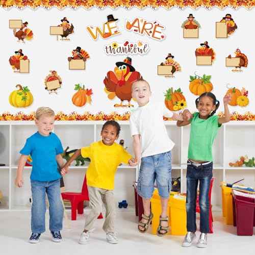 Dianelhall Thanksgiving Bulletin Board Fall Bulletin Board Decoration Set Fall Pumpkin Turkey Classroom Decorations Leaves Cutouts for Thanksgiving Autumn Harvest School Chalkboard Wall Decor Supplies