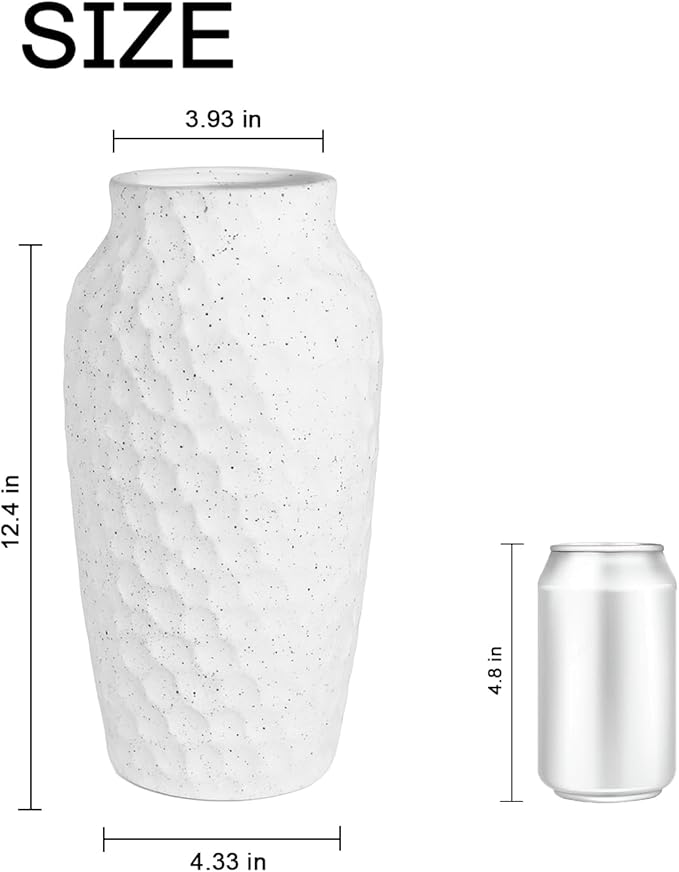 White Ceramic Vase for Flowers, Textured Speckled Hammered Finish Decorative Vase for Living Room, Table Centerpiece & Modern Home Decor