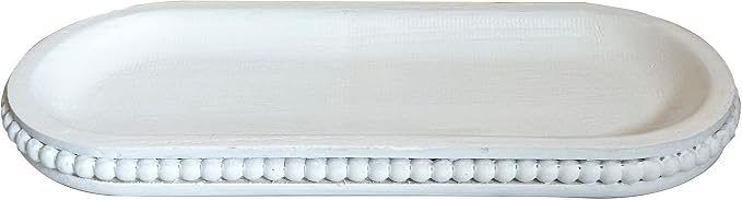 dwellington Wooden Farmhouse Decorative Tray, 12in Rustic Beaded Tray for Living Room Decor, Kitchen Table Décor, Oval Coffee Table Serving Tray (White)