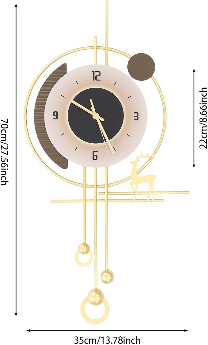 Wall Clock for Living Room, Large Gold Wall Clock with LED Light, Modern Decor Silent Non-Ticking Metal Clock for Living Room, Kitchen, Dining Room, Bedroom, Battery Operated,13.78 * 27.56in