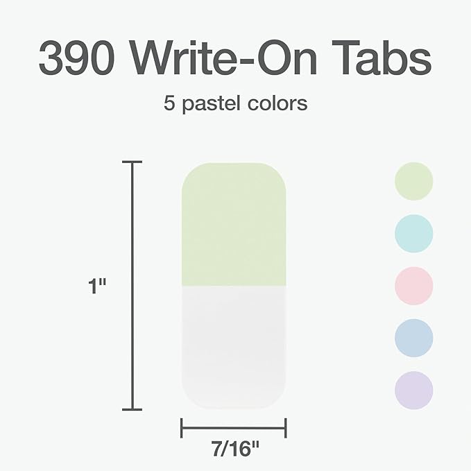 Redi-Tag Write-On Tabs, Permanent Adhesive Index Tabs, Assorted Pastel Colors: Pink, Purple, Blue, Teal, Green, 1" x 7/16", 390 Pack (1009307)
