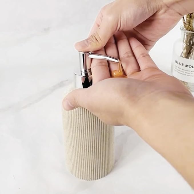 Sand Beige Hand Soap Dispenser for Bathroom and Kitchen with Pump, Luxury Farmhouse Style, Lotion, Dish Soap Dispenser, Sandstone Finish, Rust Proof, 7oz (Silver Pump)