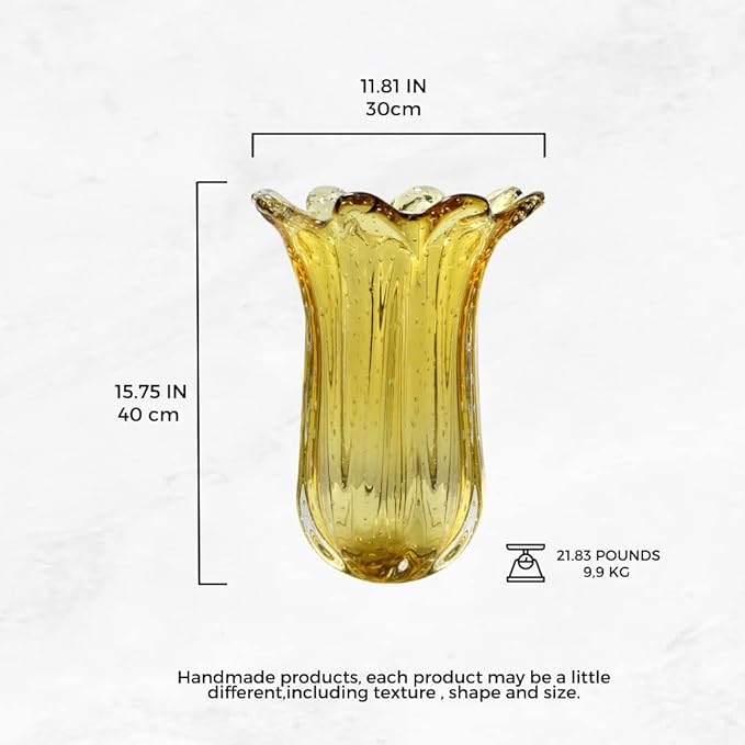 Extra Large Blown Glass Vase Amber, Everest Model, Murano-Style, Handcrafted Brazilian Glass Art, Floral Arrangements, Home Decor, 21.8 lbs