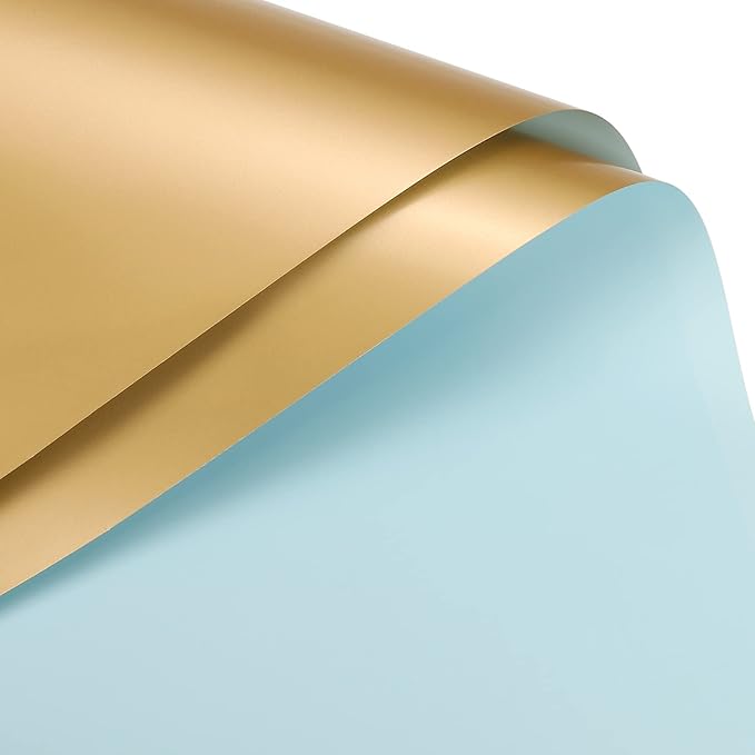 MECCANIXITY 10 Pcs Double Sided Color Flower Wrapping Paper Light Blue+Gold 22.8"x22.8" Waterproof for Florist Bouquet Supplies, DIY Crafts, Gift Box Packaging