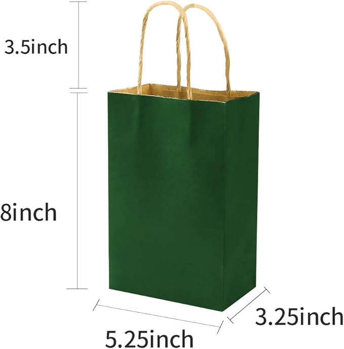 bagmad 100 Pack 5.25x3.25x8 inch Small Green Kraft Paper Bags with Handles Bulk, Gift Bags, Craft Grocery Shopping Retail Party Favors Wedding Business Sacks (Dark Green, 100pcs)