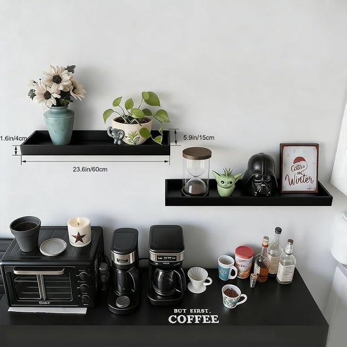 2 Pack 23.6 in Black Floating Shelves for Wall, Wooden Wall Shelves for Bedroom Living Room Kitchen, Modern and Rustic Bathroom Shelves with Raised Lip, Decor Floating Shelf for Storage Display