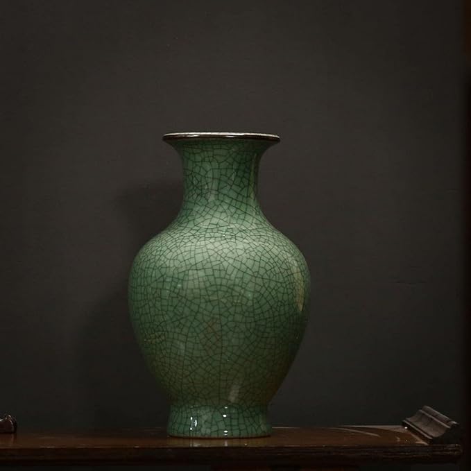 Chinese Ceramic Art Handmade Antique ice Crack Glaze vases Big China Porcelain Flower Bottle Vase for Home Decoration(Green)