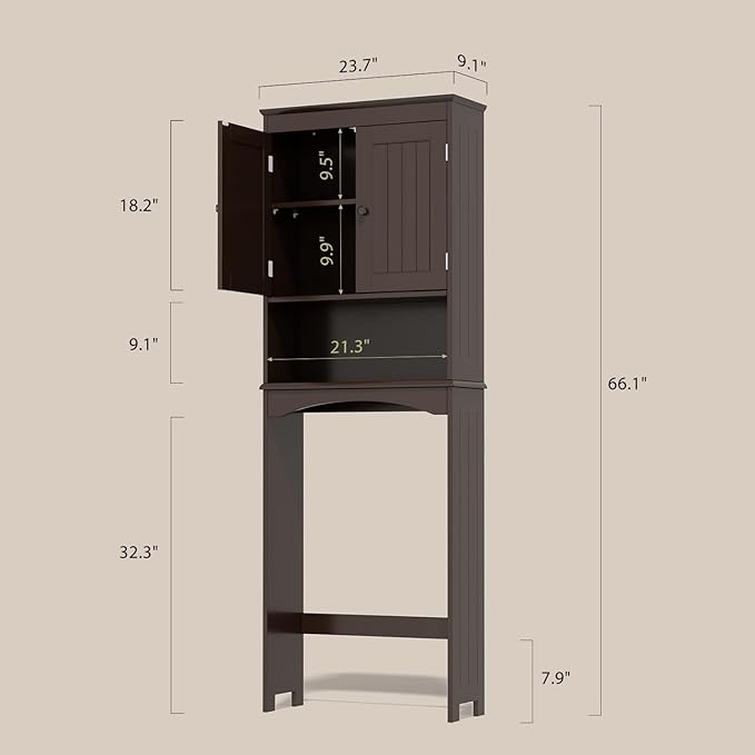 Gizoon Over the Toilet Storage Cabinet with Adjustable Shelf and Double Doors, Bathroom Space Saver Organizer Above Toilet with Open Shelf, Taller Wooden Free Standing Toilet Rack -Espresso