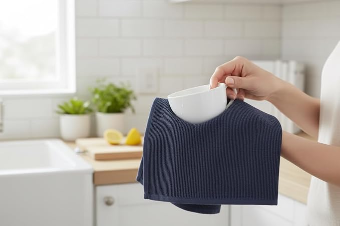 Serafina Home Navy Blue Kitchen Towels: 100% Cotton Soft Absorbent Assortment Ribbed Terry Loop, Set of 4 Multipurpose for Everyday Use (Navy Blue)