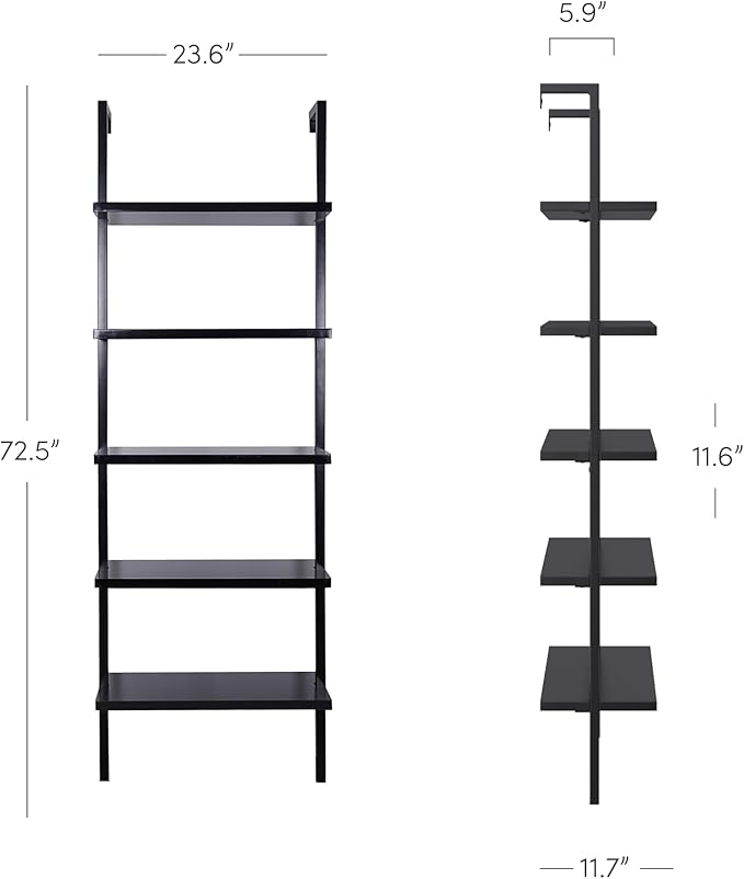 Nathan James Theo 5-Shelf Black Modern Bookcase, Open Wall Mount Ladder Bookshelf with Industrial Metal Frame