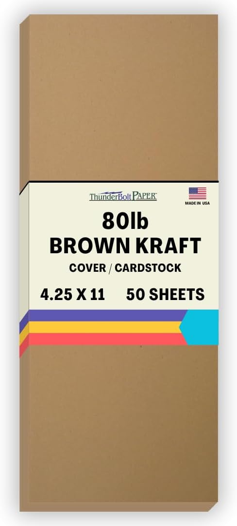 50 Brown Kraft Fiber 80# Cover Paper Paper Sheets - 4.25 X 11 Inches Half Letter Size Cut Long - 80lb/Pound cardstock - Rich Earthy Color with Natural Fibers - Smooth Finish