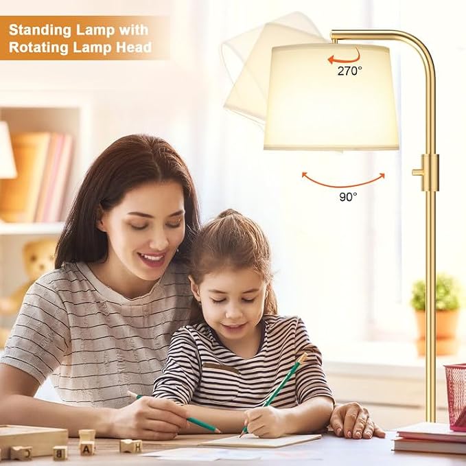 Ambimall 𝐅𝐮𝐥𝐥𝐲 𝐃𝐢𝐦𝐦𝐚𝐛𝐥𝐞 Floor Lamp - Floor Lamps with 9W 𝐋𝐄𝐃 Bulb, Standing Lamps for Living Room with Adjust Head, Modern Standing Tall Light Rotary Switch for Office(Gold and White)