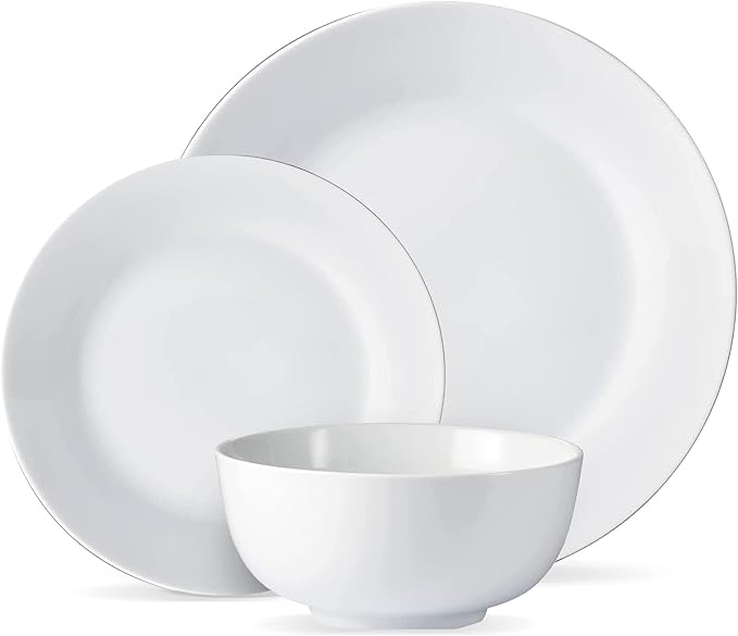 Safdie & Co. 12-Piece Modern Porcelain Ceramic Rim Aspen Dinner Set, Stackable, Lightweight Design for Everyday Use, in White Sketch